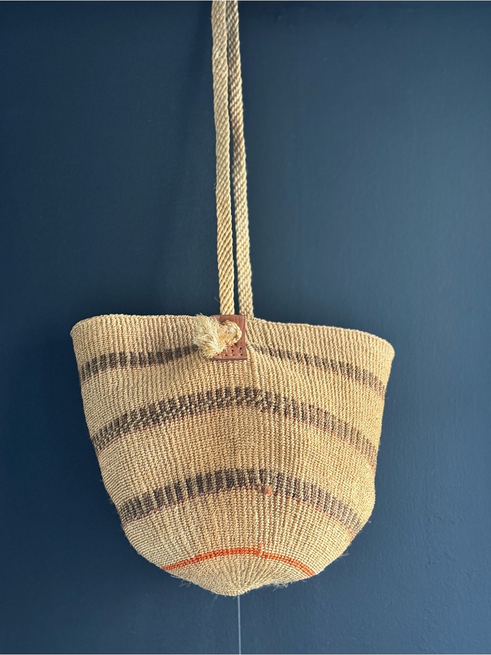 Handwoven Natural Straw Tote with Brown Stripes and Orange Accent